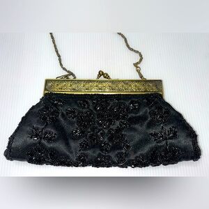 Vintage 9.5” Black Beaded Clutch